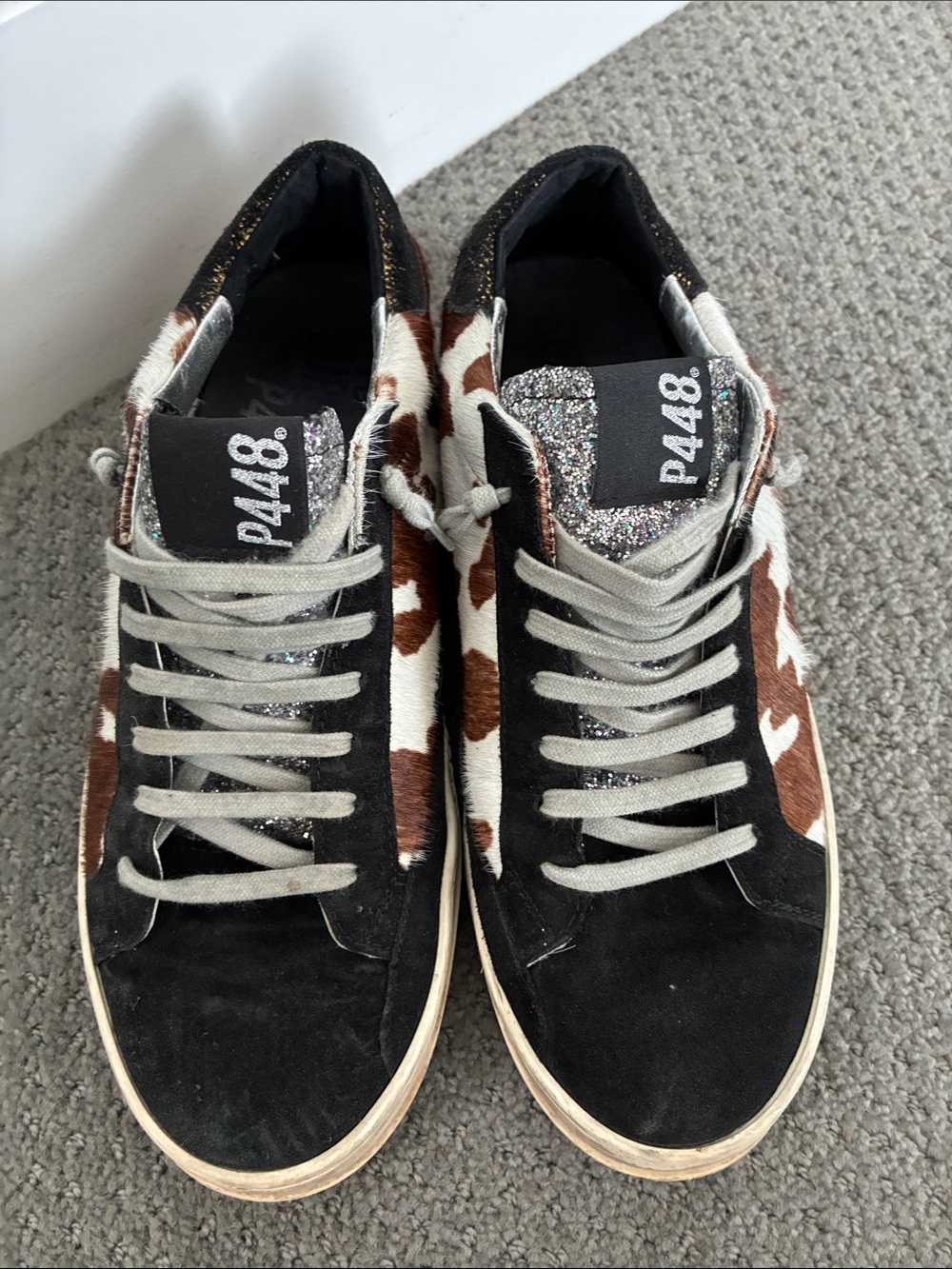 P448 Women’s Black, Brown & White Cowhide Glitter Low-Top Sneakers